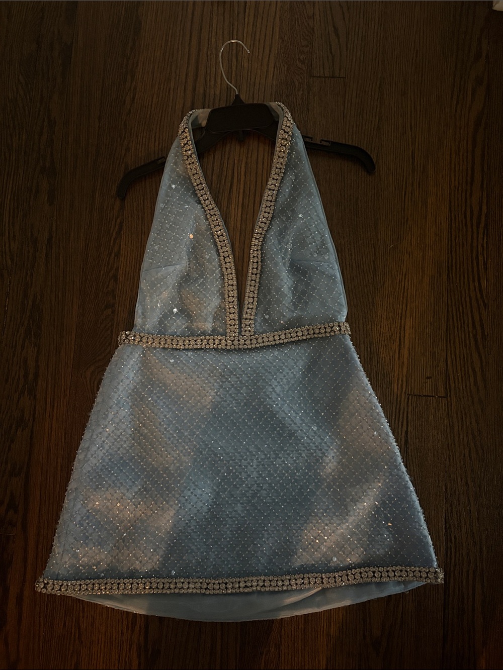 Retrofete Light Blue Halter Mini Dress with Beaded Trim